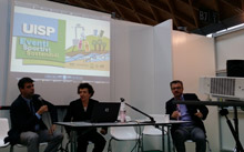Da sinistra: Bortone, Claysset e Cancila al convegno sullo sport sostenibile a Ecomondo