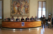 La tavola dei relatori nella Cappella Farnese di Palazzo D'Accursio, a Bologna, per il convegno 'Lo sport contro l'omofobia'