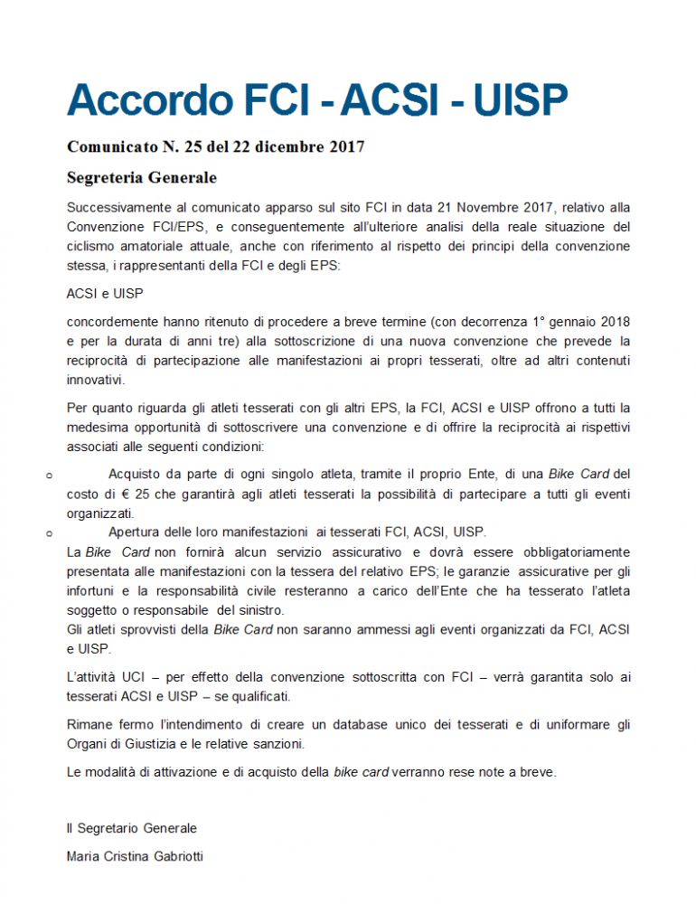 Accordo convenzione FCI ACSI UISP 2018-2020