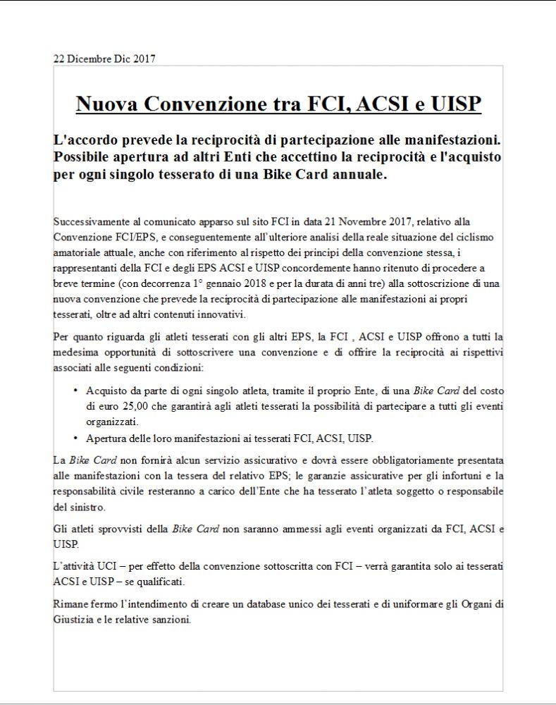 Comunicato convenzione FCI ACSI UISP 2018-2020