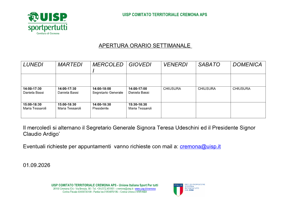 Orari Ufficio Comitato Cremona