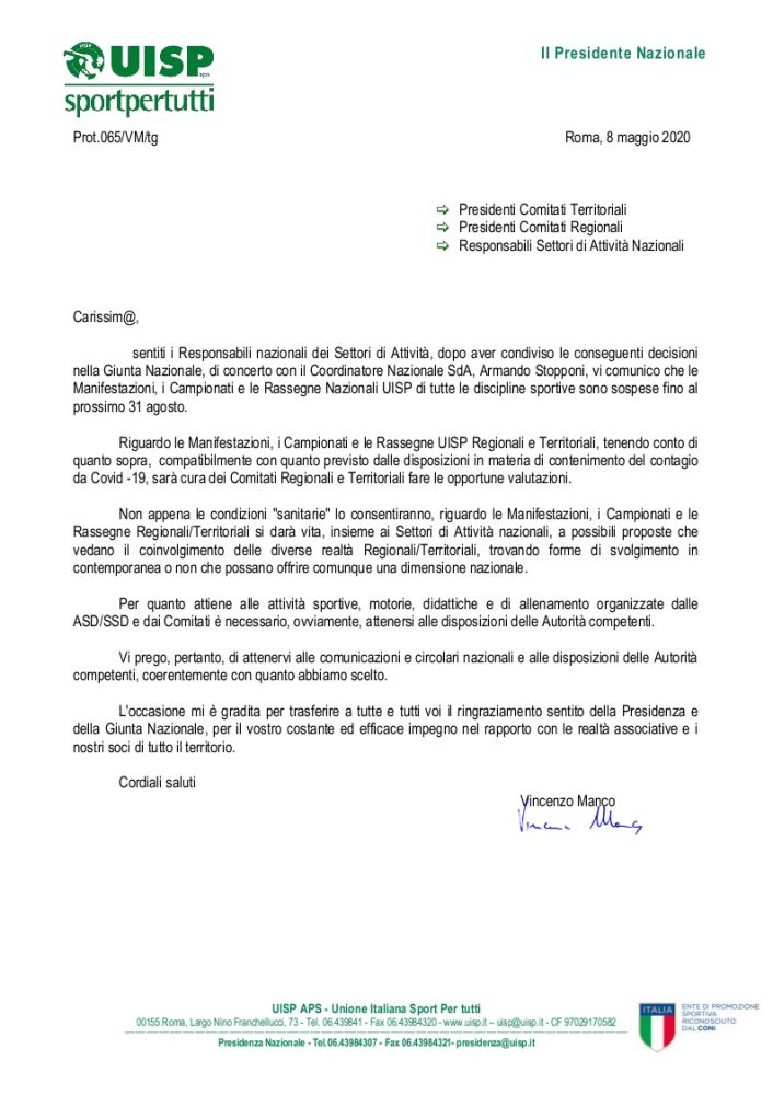 DISPOZIONI UISP NAZIONALE - Coronavirus COVID-19