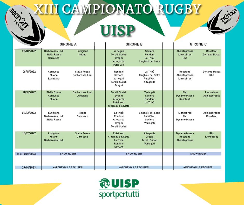 Calendario gioco partite stagione andata ritorno rugby uisp