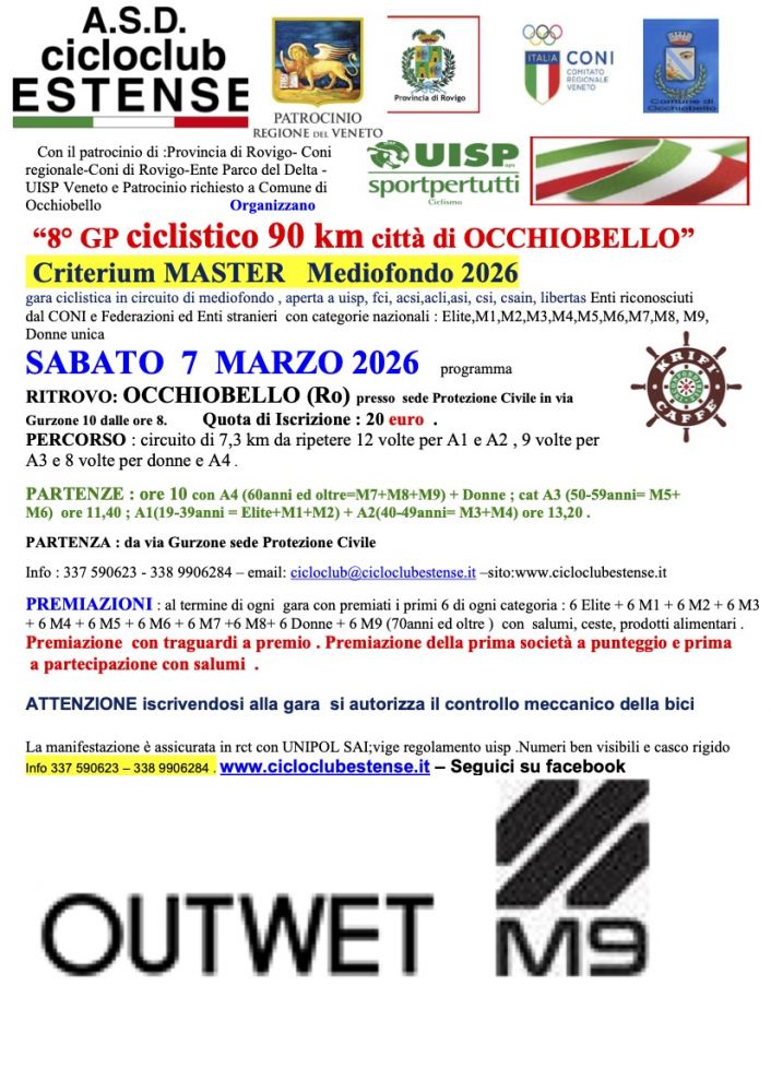 Criterium  Master Mediofondo 90 km  OCCHIOBELLO (Ro) sabato   7 MARZO .2026